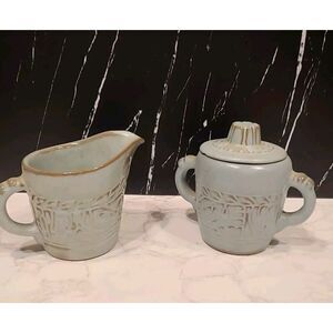 Vintage Frankoma Pottery Mayan Aztec Blue/Green Creamer 7A & Lidded Sugar 7B